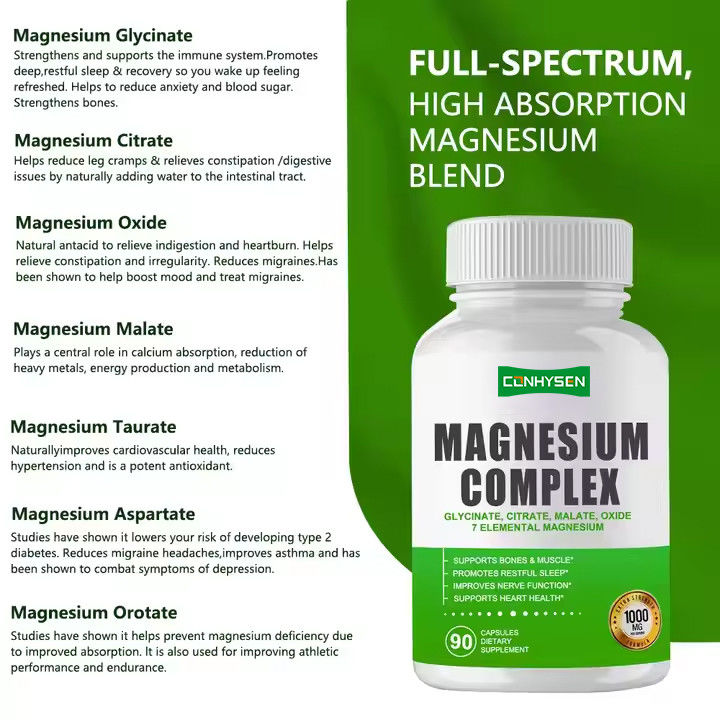 Complément de magnésium complexe en capsules d'oxyde de citrate de glycinate de malate pour soutenir les muscles des os