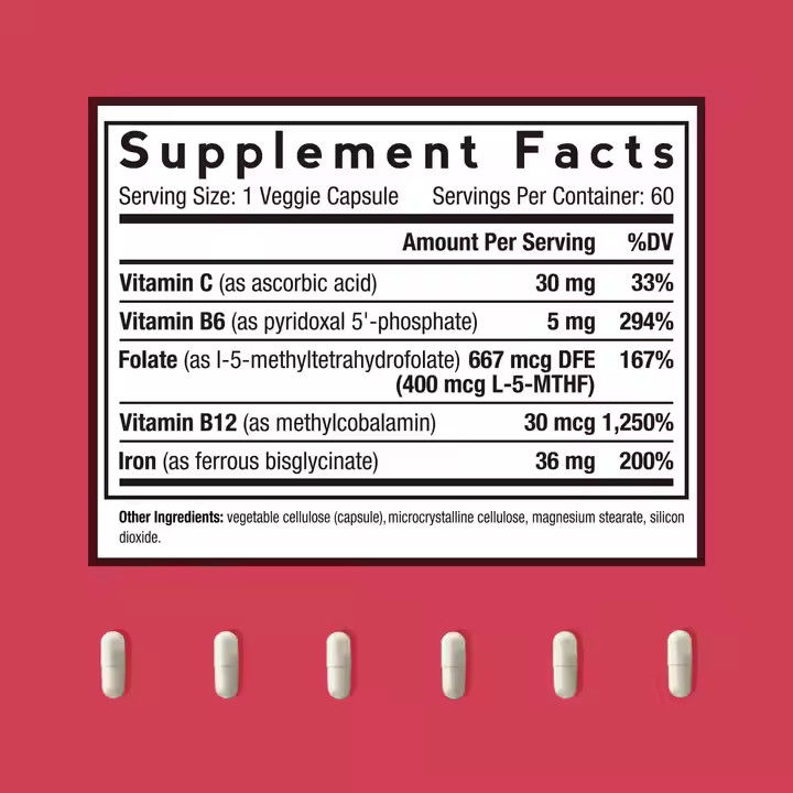 Capsules de fer avec vitamines Supplément de soutien des globules rouges Formation de 60 capsules