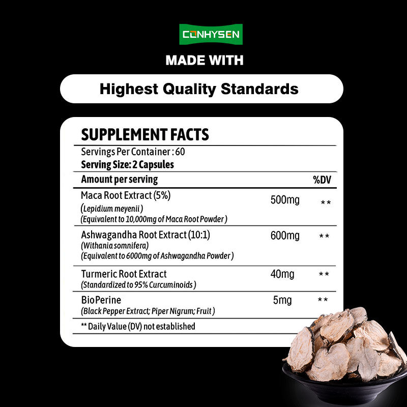 Capsules de Maca, Ashwagandha et Personnalisation d'Usine pour Équilibrer les Hormones avec Curcuma et Curcumine