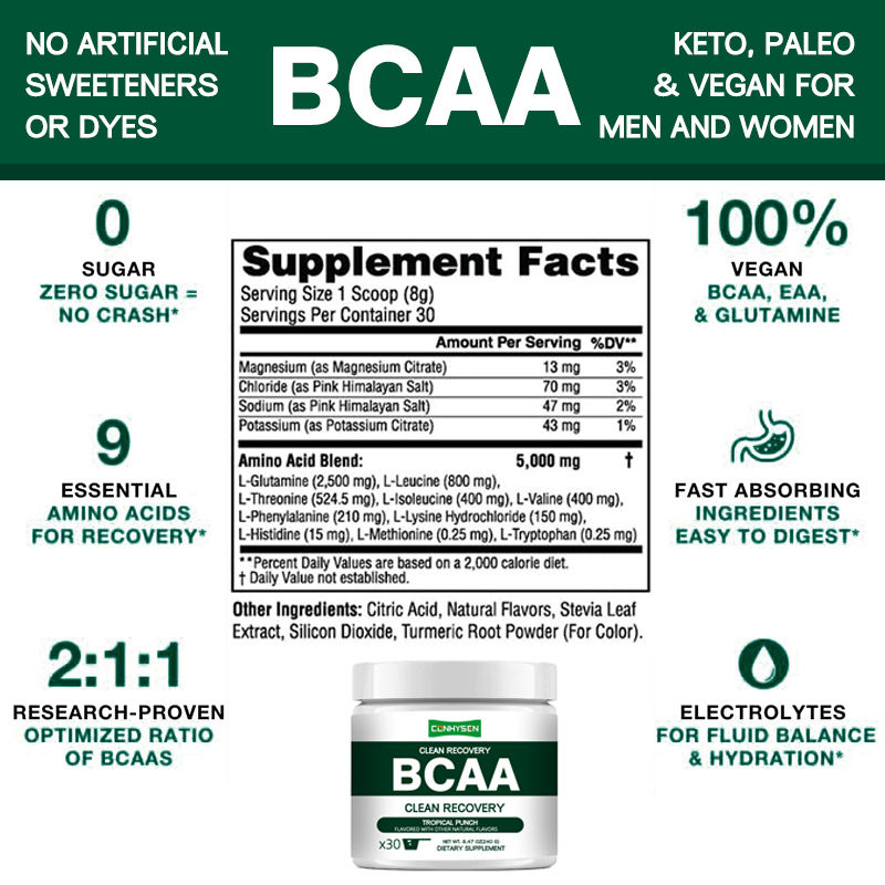 Étiquettes privées Récupération propre Poudre de BCAA 9 acides aminés essentiels Réduit la douleur et le stress