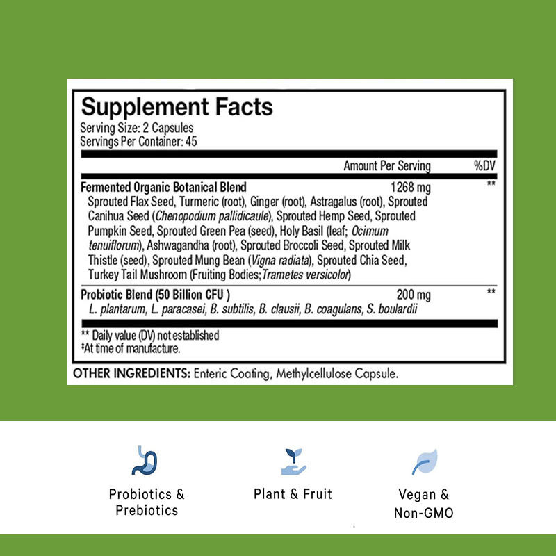 Étiquettes privées Probiotiques Capsules favorisent une meilleure digestion avec un mélange botanique organique fermenté