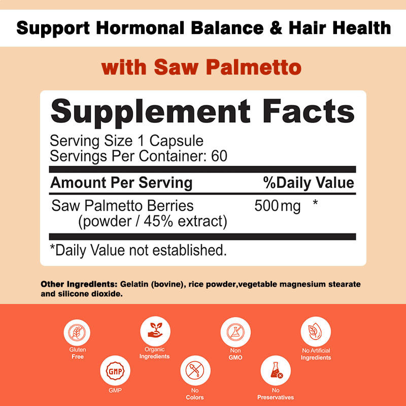 Non OGM Saw Palmetto Capsules 500 mg Appui complexe équilibre hormonal Santé des cheveux