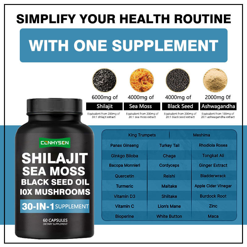 Gélules de Shilajit avec Huile de Graines Noires et Sea Moss, Complément Alimentaire pour le Soutien Immunitaire