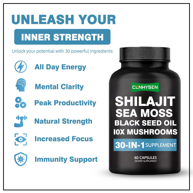 Gélules de Shilajit avec Huile de Graines Noires et Sea Moss, Complément Alimentaire pour le Soutien Immunitaire