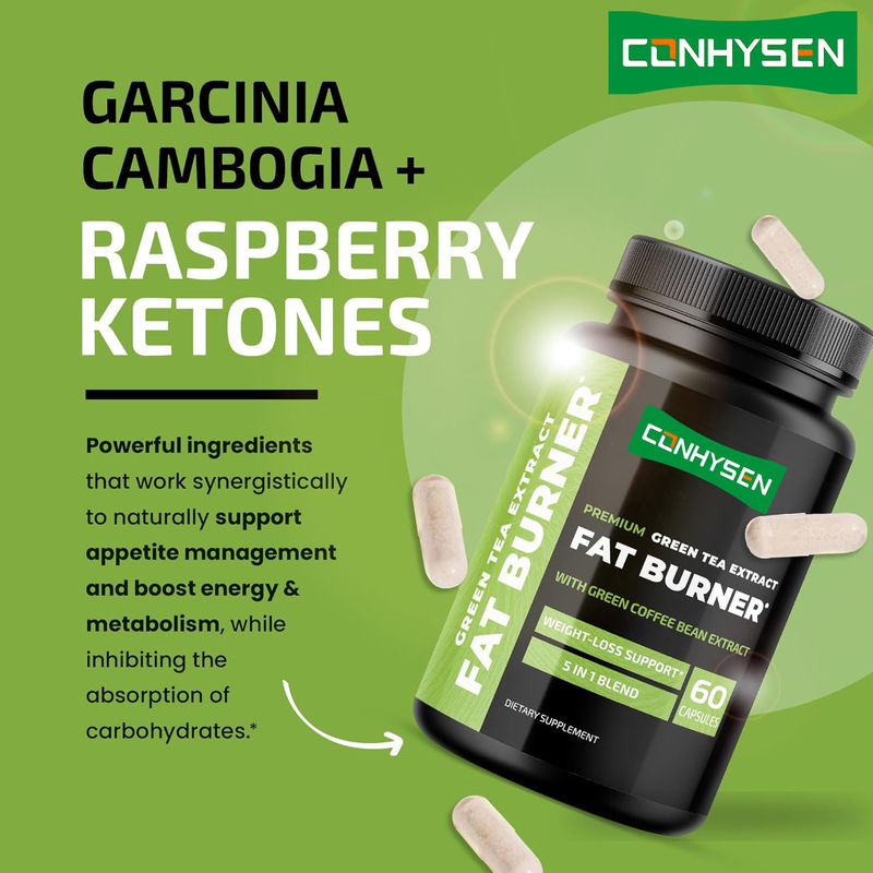 Mélange de brûleur de graisse 5 en 1 haut de gamme avec extrait de thé vert Garcinia Cambogia Raspberry Cétones Soutien naturel de perte de poids