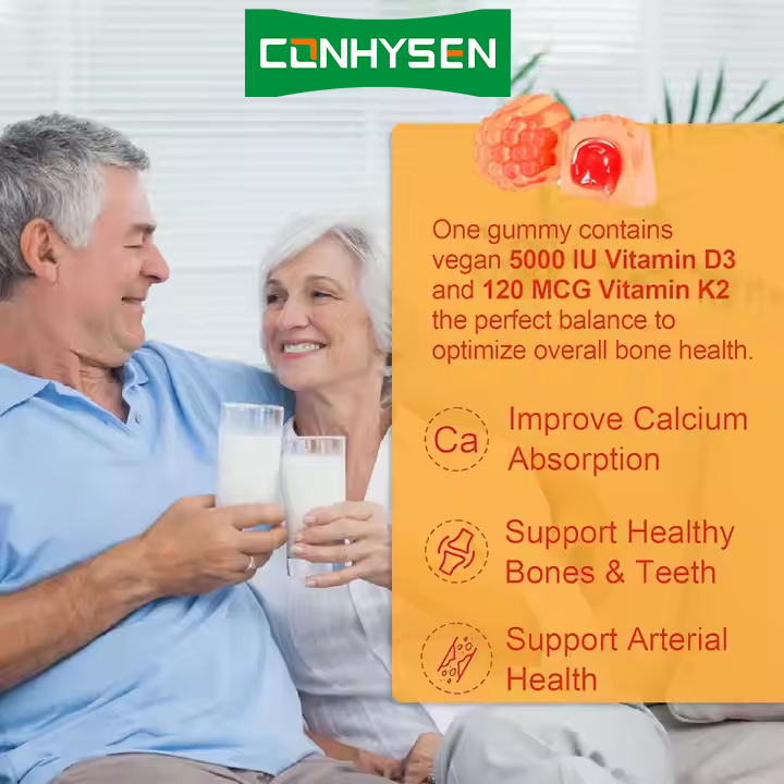 Compléments alimentaires gélifiés sans sucre pour adultes, Vitamine D3+K2, OEM/ODM, pour le soutien immunitaire