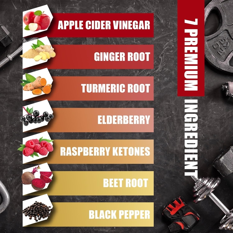Complexe de vinaigre de cidre de pomme 7 en 1 avec curcuma, gingembre, cétones de framboise : soutient la détoxification, l'immunité et la santé digestive