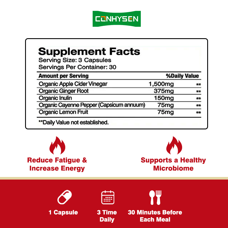 Vente en gros 8 suppléments prébiotiques sur mesure Capsules de vinaigre de cidre de pomme biologique avec le citron de gingembre