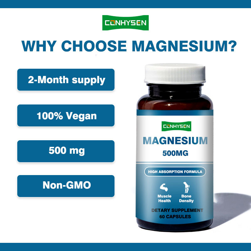 Capsules de magnésium personnalisées de marque 500 mg soutiennent la mémoire et la fonction cérébrale Non OGM