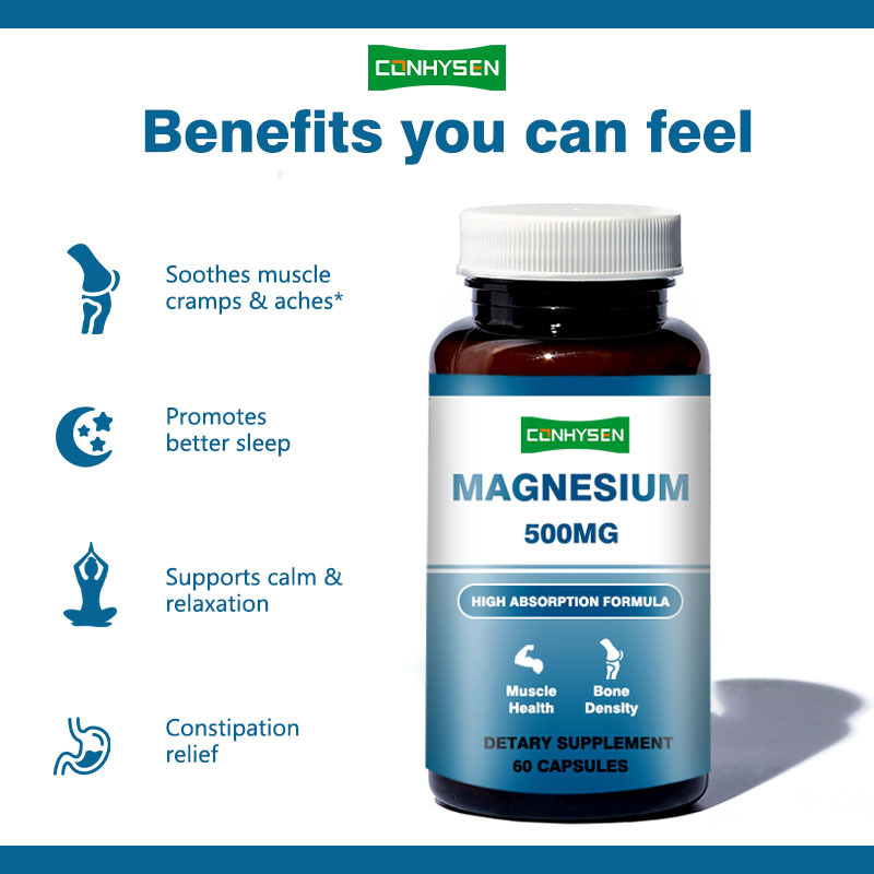 Capsules de magnésium personnalisées de marque 500 mg soutiennent la mémoire et la fonction cérébrale Non OGM