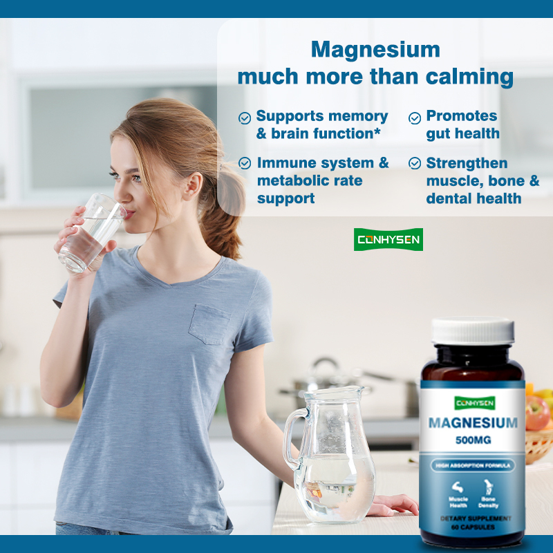 Capsules de magnésium personnalisées de marque 500 mg soutiennent la mémoire et la fonction cérébrale Non OGM