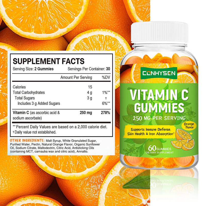 Gummies à la vitamine C, saveur naturelle d'orange, vente en gros d'usine, soutien cardiaque et énergétique