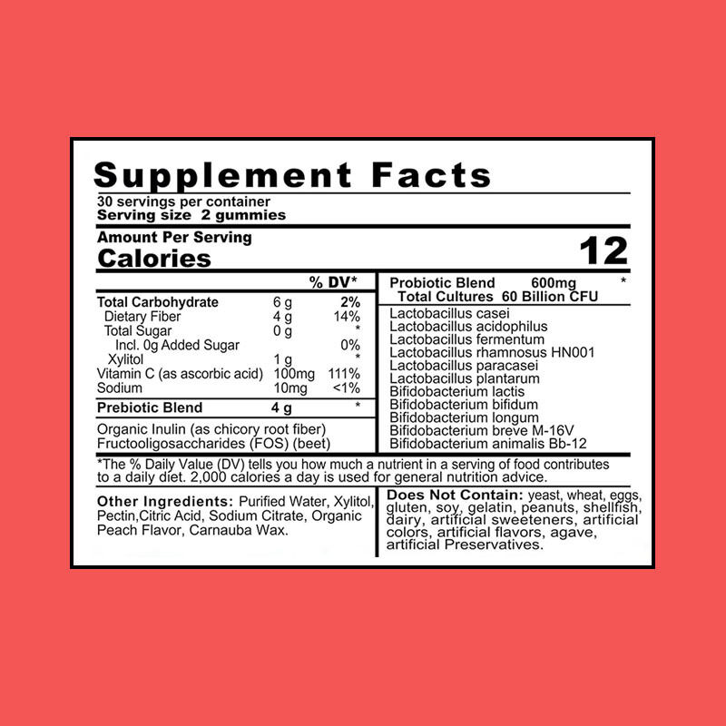 Gommes prébiotiques et probiotiques 4g OEM/ODM, 60 milliards d'UFC, stimulant l'immunité, améliorant la santé intestinale avec des propriétés antioxydantes pour adultes