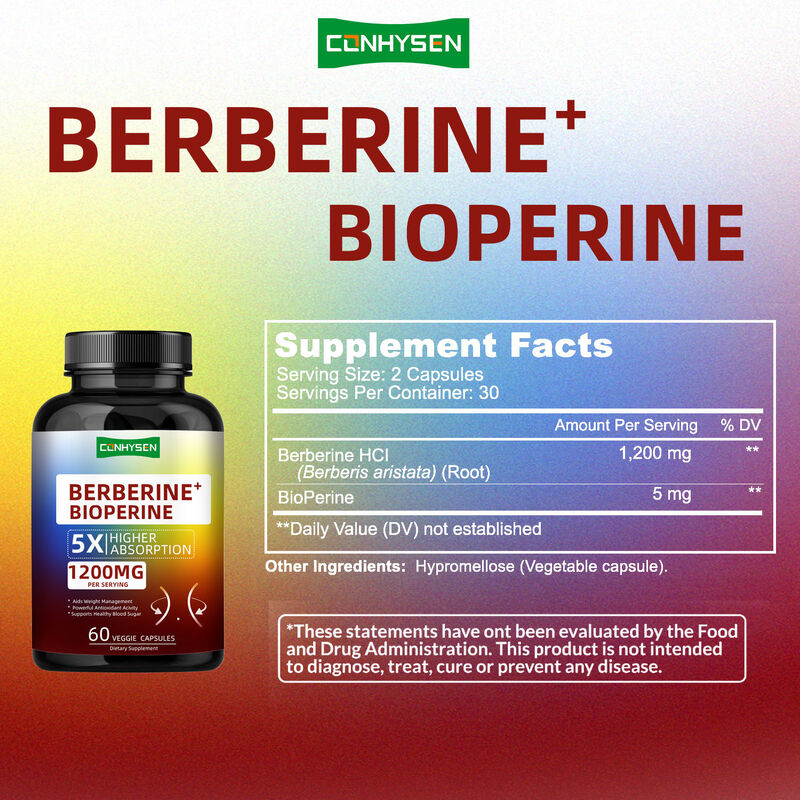 Gélules de suppléments de racine de berbérine HCI de haute qualité, gélules de berbérine biopérine pour une gestion saine du poids, fibres alimentaires